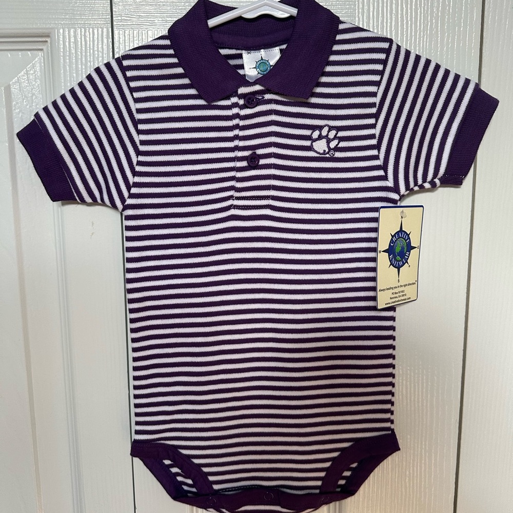 NWT Clemson Polo Onesie Purple Stripe Size 3-6mo